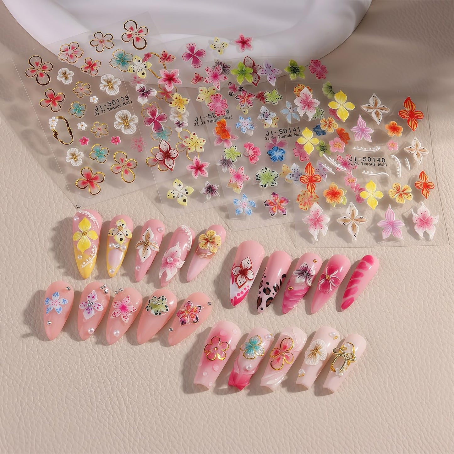 Flower Nail Stickers for Nail Art Hawaiian Flowers Nail Decals 5D Self-Adhesive Embossed Floral Summer Nails Art Design Sticker Beach DIY Acrylic Salon Manicure Decoration Kit for Women
