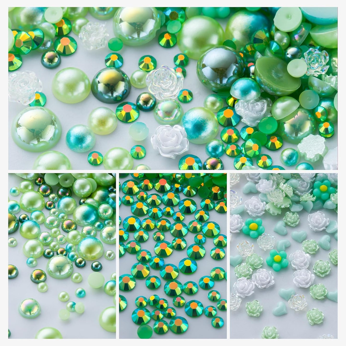 160g Cyan Green Flat Back Pearls Rhinestones for Crafts Mixed Size 3mm-10mm AB Color Round Half Pearls Flatback Pearl Beads and Resin Rhinestones Set for Face Art