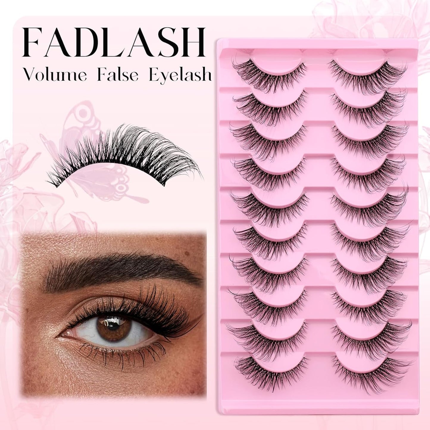 FADLASH False Eyelashes Natural Look Cat Eye Lashes Wear Comfortable Black Fake Lashes with Thin Band, Pack 10 Pairs, BY003