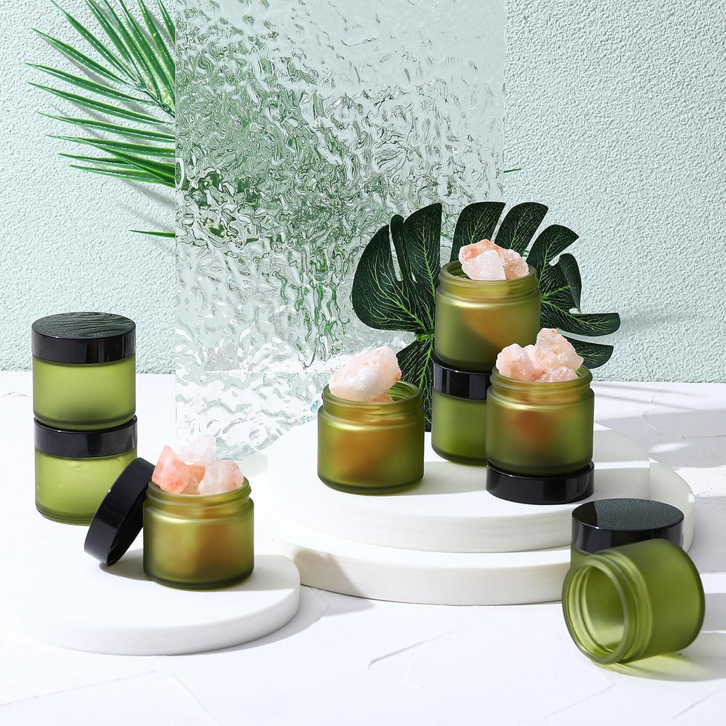 Domensi 48 Pcs 2 oz Glass Jars with Lids Travel Size Round Leakproof Empty Cosmetic Jars with Inner Liners Lid for Storing Makeup Lotions Face Cream Ointments Candle DIY Making (Pea Green)