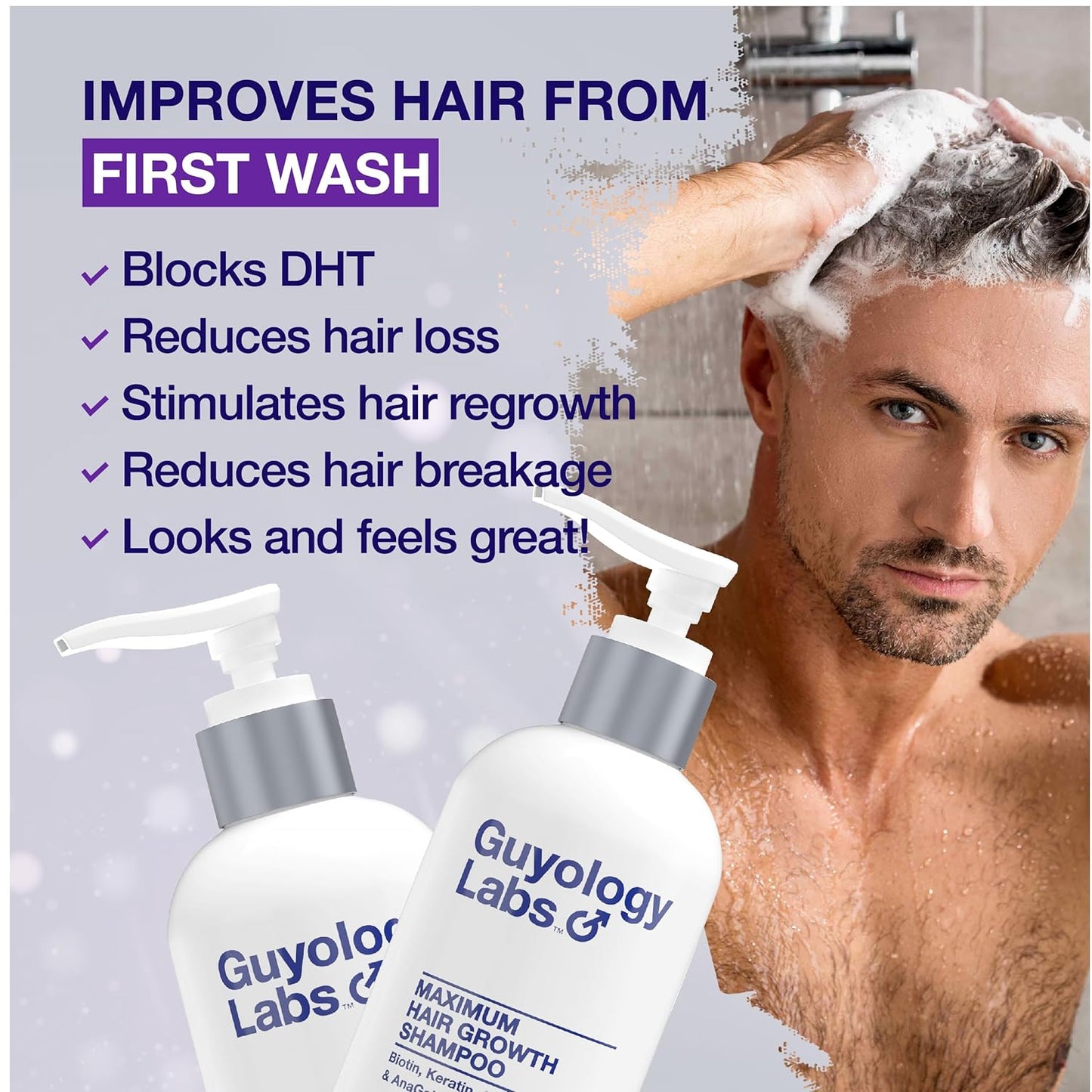 Hair Growth Shampoo For Men - for Thinning Hair - Natural DHT Blockers To Reduce Hair Loss - Biotin and Keratin Best for Growth and Thickening - Clinically Tested - Made in USA by Guyology Labs