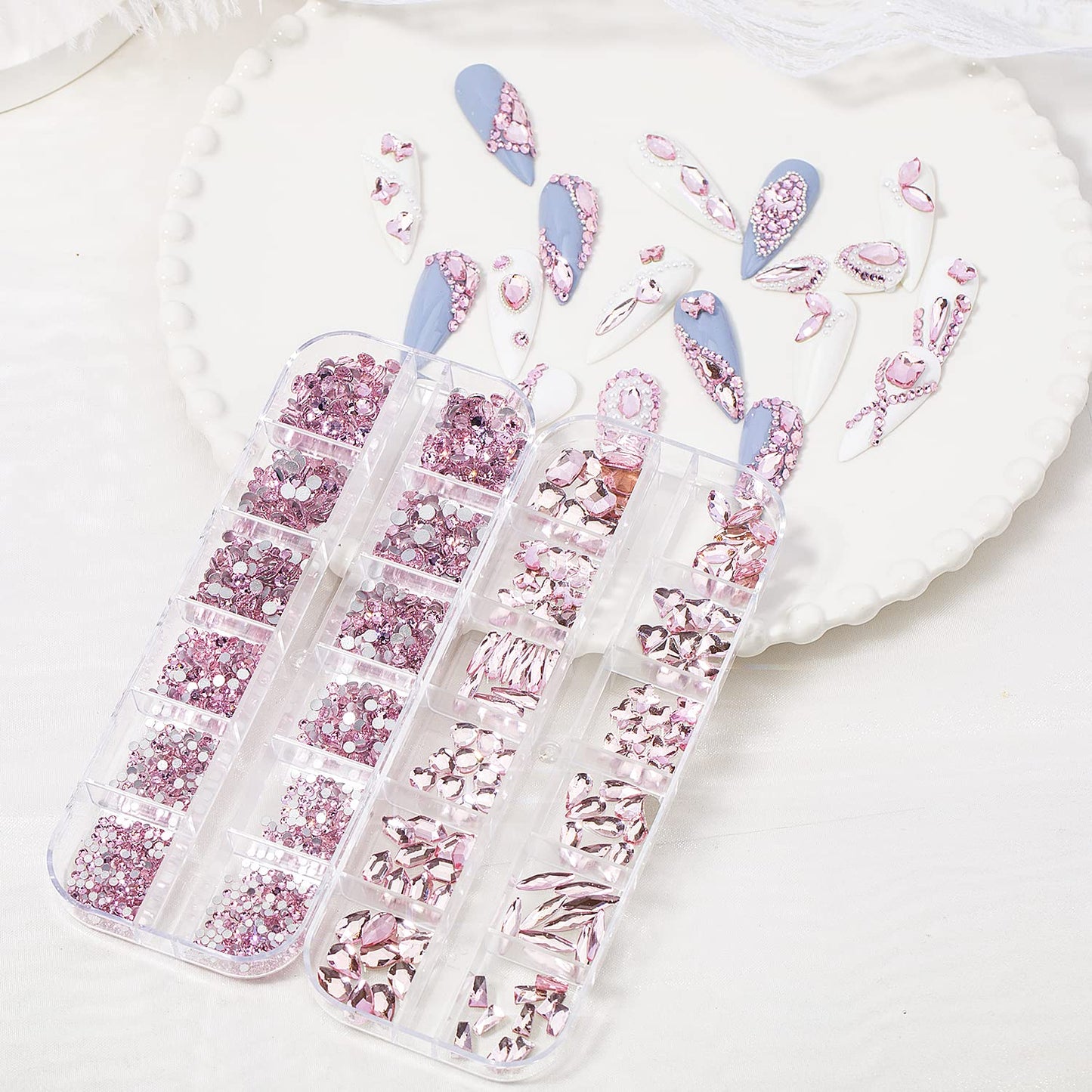 HNUIX Nail Rhinestones - 3D Multi Shape Size Crystal, Light Pink Nail Gems, Flat Back, with Kit, for Nail Art, DIY Decorations