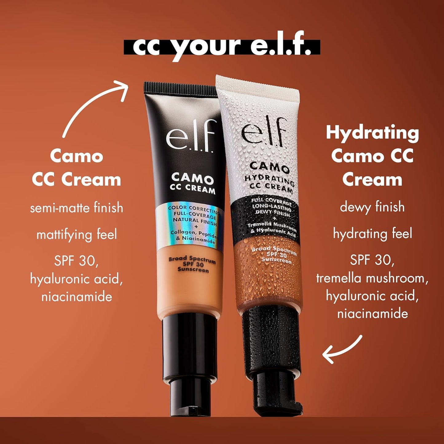 e.l.f. Hydrating Camo CC Cream, SPF 30, Color Correcting Full Coverage Foundation For A Dewy Finish, Vegan & Cruelty-Free, Medium 370 N