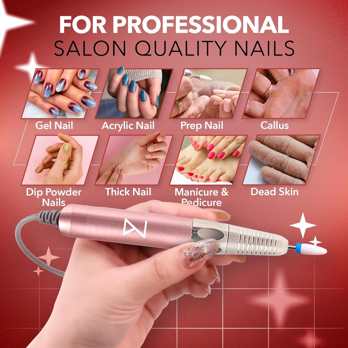 M Max - Nail Drill Professional - 2-in-1 Brushless Motor Nails Drill Machine - Electric, Cordless, Aluminium Alloy Casing, 35000 RPM, HD Display - Perfect for Salon & Home Use (Rose Gold)