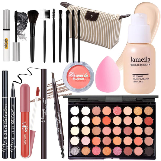 Makeup Set Full Kit for Girls Teens Women, Makeup Present Set, Includes Eyeshadow, Foundation, Blusher, Eyebrow Pencil, Mascara, Eyeliner, Brushes, Lip Gloss, Sponge, Cosmetic Bag