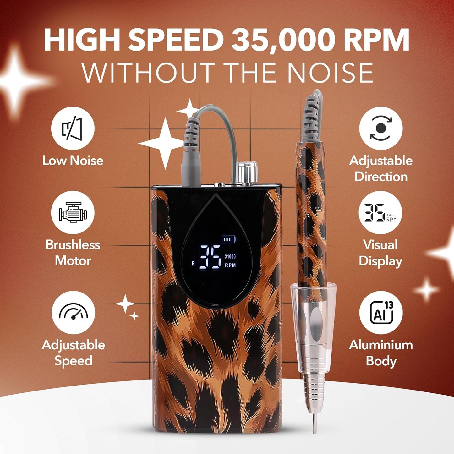 M Max - Nail Drill Professional - 2-in-1 Brushless Motor Nails Drill Machine - Electric, Cordless, Aluminium Alloy Casing, 35000 RPM, HD Display - for Salon & Home Use (Special Edition - Leopard)