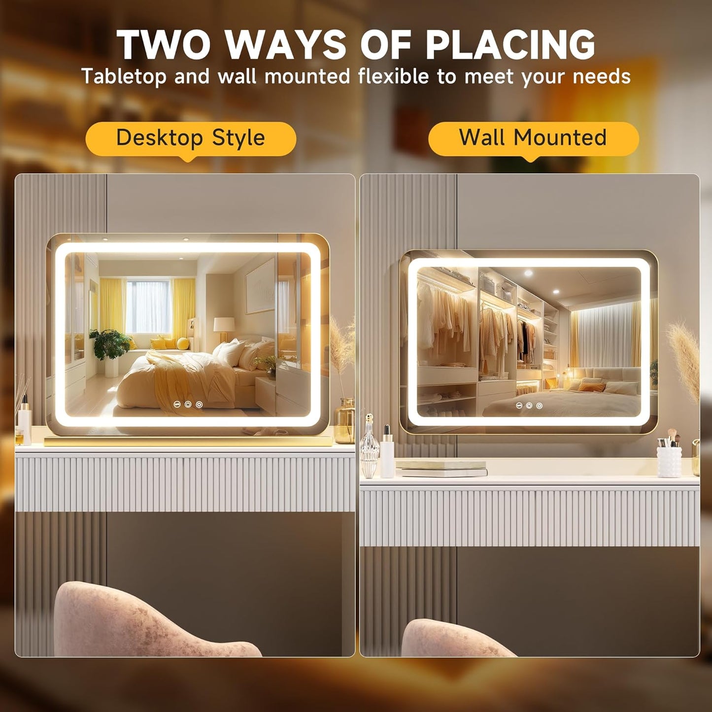 Hasipu Vanity Mirror with Lights, 31.5" x 20" LED Makeup Mirror, Lighted Makeup Mirror with Dimmable 3 Modes, Touch Screen Control Vanity Mirror Round Gold