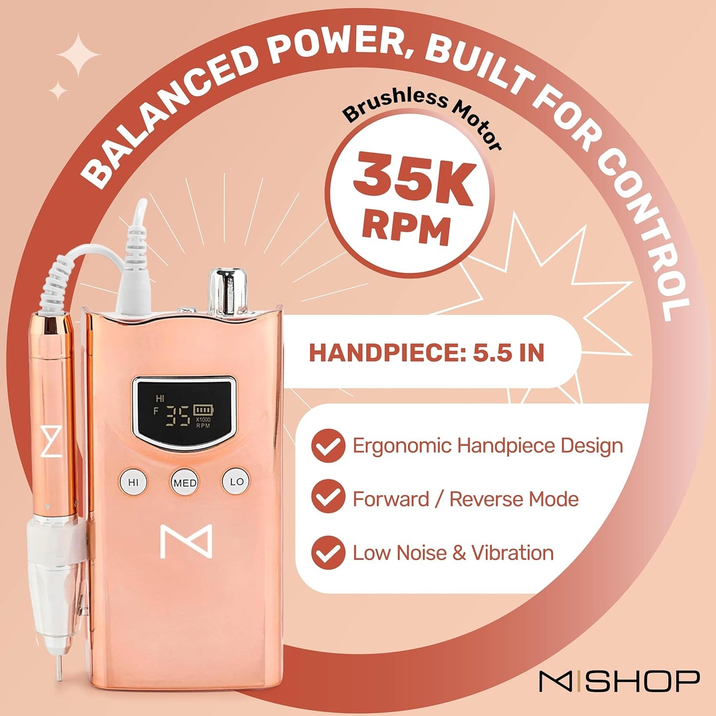 M GEM Brushless Nail Drill 35K RPM | Professional Cordless Efile Machine | Rechargeable Electric Nail File with Bits | Portable Quiet Low Vibration Tool for Acrylic, Gel, Natural Nails (Metallic RG)