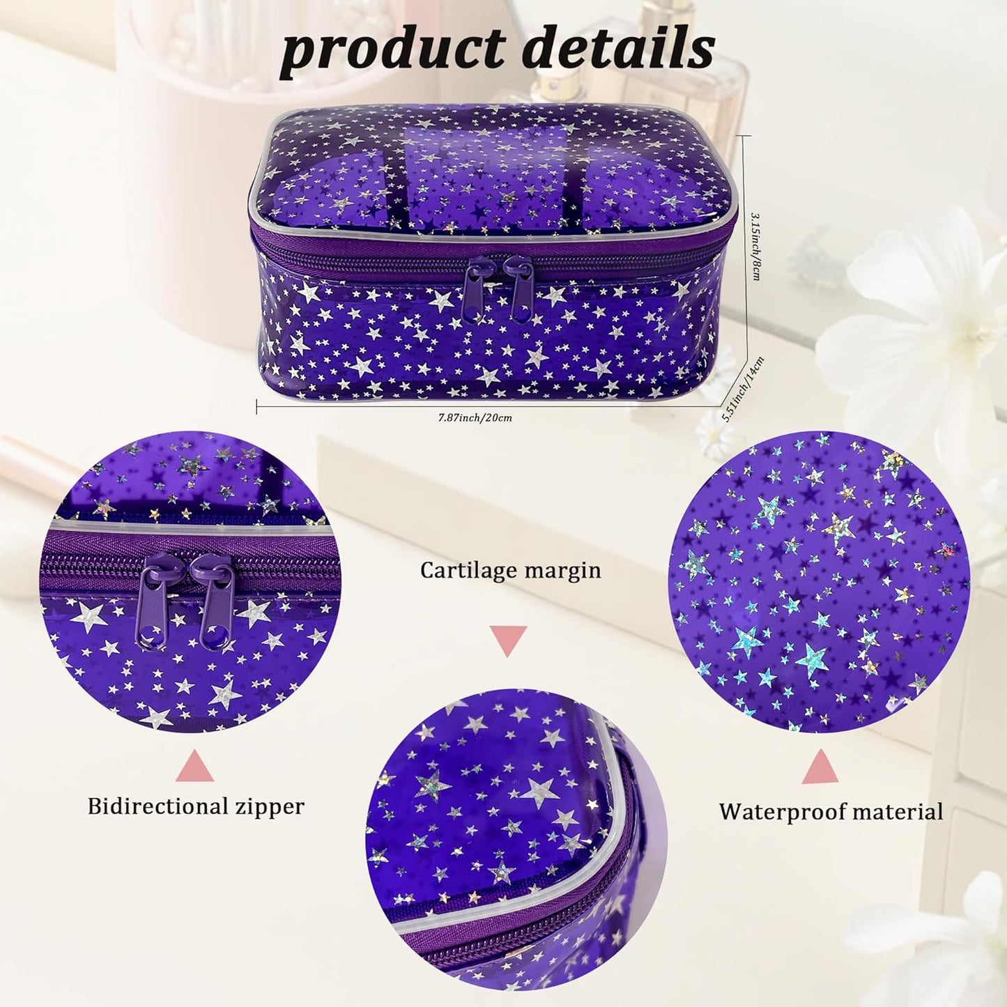 Holographic Makeup Bags Bulk,Clear Storage Bag Toiletry Pocket Portable Zippered Iridescent Pouch Waterproof Cosmetic Gift Bags for Women (Purple)