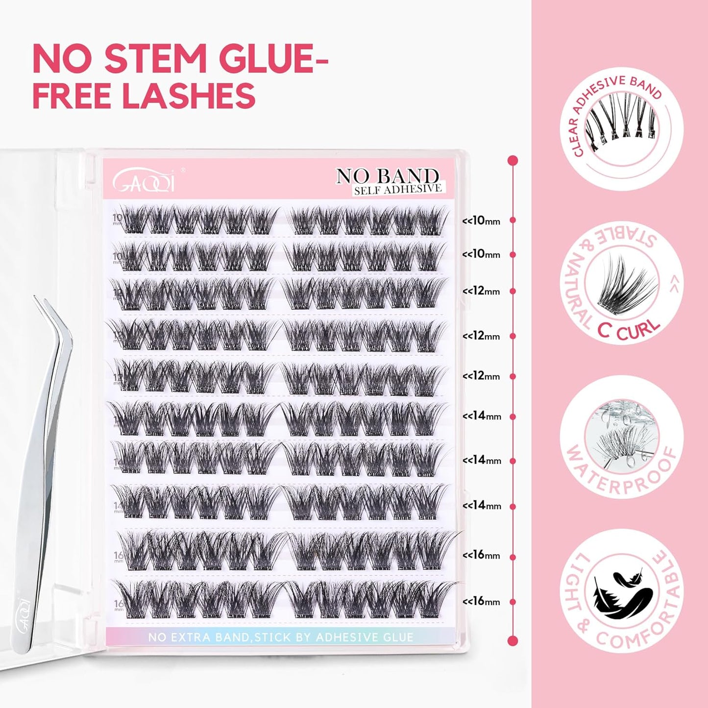 GAQQI Self Adhesive Eyelash Clusters, Volume No Glue Lashes 10-16mm, No Band Self Adhesive Lash Clusters 120pcs, Press On Lashes Invisible Band, With Lash Tweezer (CLASSIC)