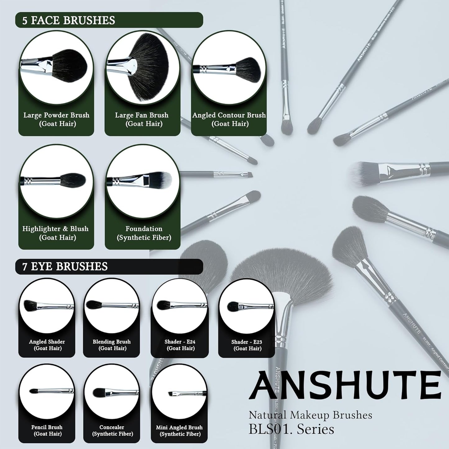 12-Piece Professional Natural Goat Hair Makeup Brush Set with Travel-Ready Makeup Brush Organizer - 5 Face & 7 Eye Brushes. Super Soft Bristles, Variety of Brushes. Labled Brush Handle