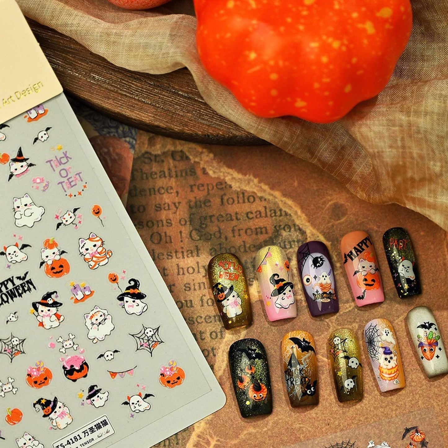 Halloween Nail Art Sticker Cute Cat Nail Stickers Pumpkin 5D Self-Adhesive Nail Decals Spider Web Bat Nail Sticker Ghost Nail Art Decal for Women DIY Manicure Decoration Supplies