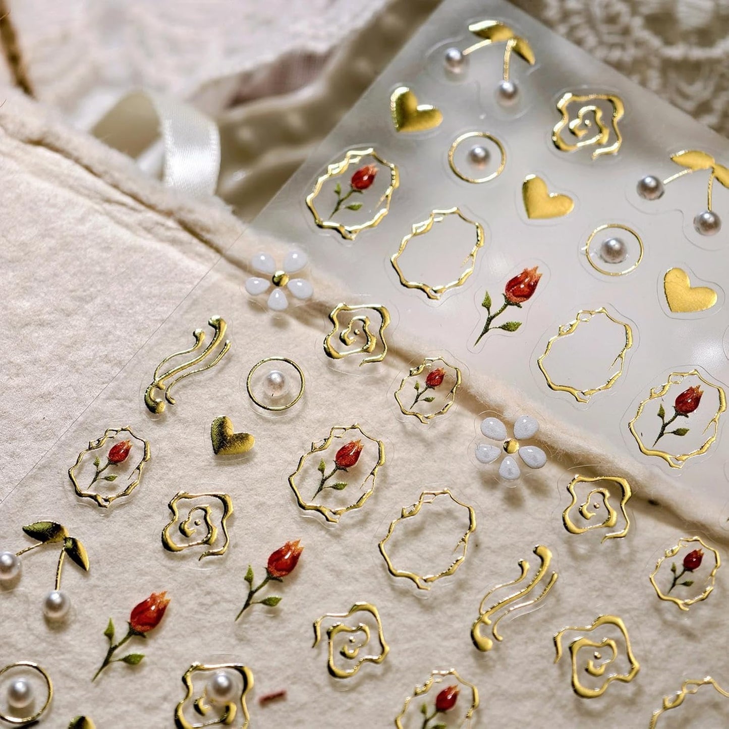 Gold Nail Stickers Flower Nail Decals for Nails Art Tulip Nail Art Stickers with Design Heart Nails Art Decals Self Adhesive Sticker for Women Girls Kid Manicure Charms Supply Accessories