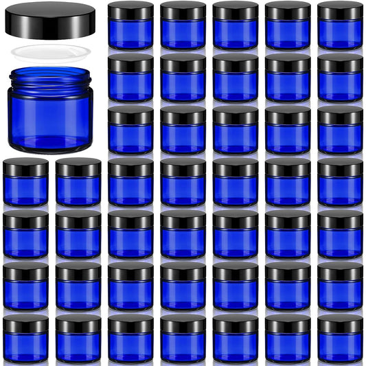 Domensi 48 Pcs 2 oz Glass Jars with Lids Travel Size Round Leakproof Empty Cosmetic Jars with Inner Liners Lid for Storing Makeup Lotions Face Cream Ointments Candle DIY Making (Cobalt Blue)