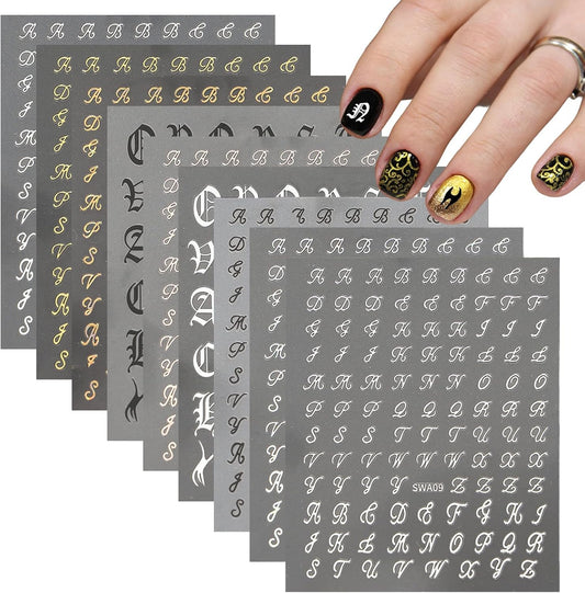 18 PCS Retro English Letters Nail Stickers, 3D Self-Adhesive Black White Gold Silver Design Nail Decals, Nails Stickers for Women DIY Nails Art Manicure Decoration