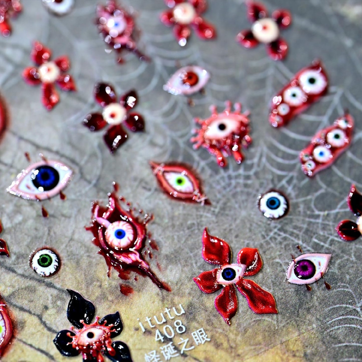 Halloween Nail Stickers for Nail Art Scary Eyeball Flower Nail Art Stickers Eye Scar Blood Red 5D Embossed Floral Nail Decals Self-Adhesive Nails Supply Manicure Sliders Devil for Nails Decoration