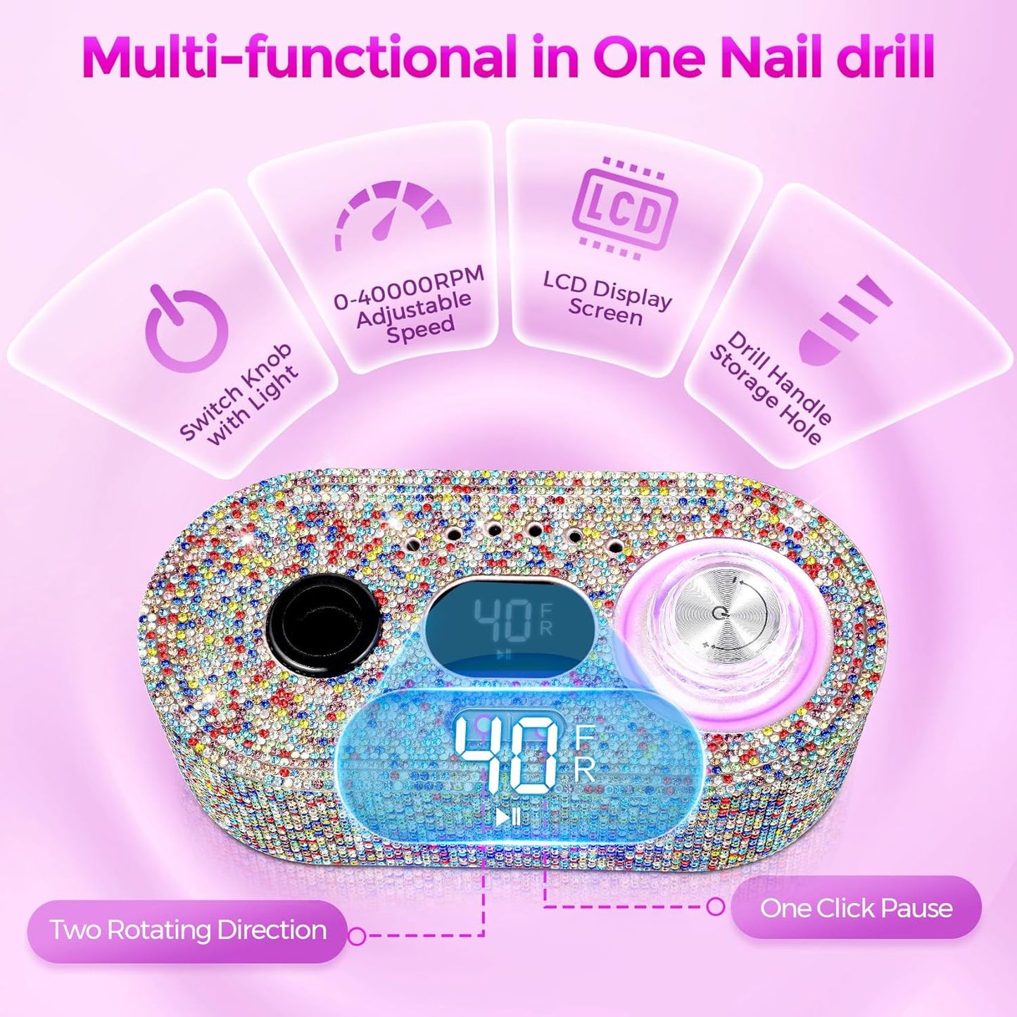 Nail Drill Electric File: DEDNMSCA Sparkly Professional Nail Drill Kit, 40000RPM E-file Machine with USB LED Light and 12 Drill Bits for Acrylic Nail Remove Gel Polish Manicure for Salon Home, Diamond