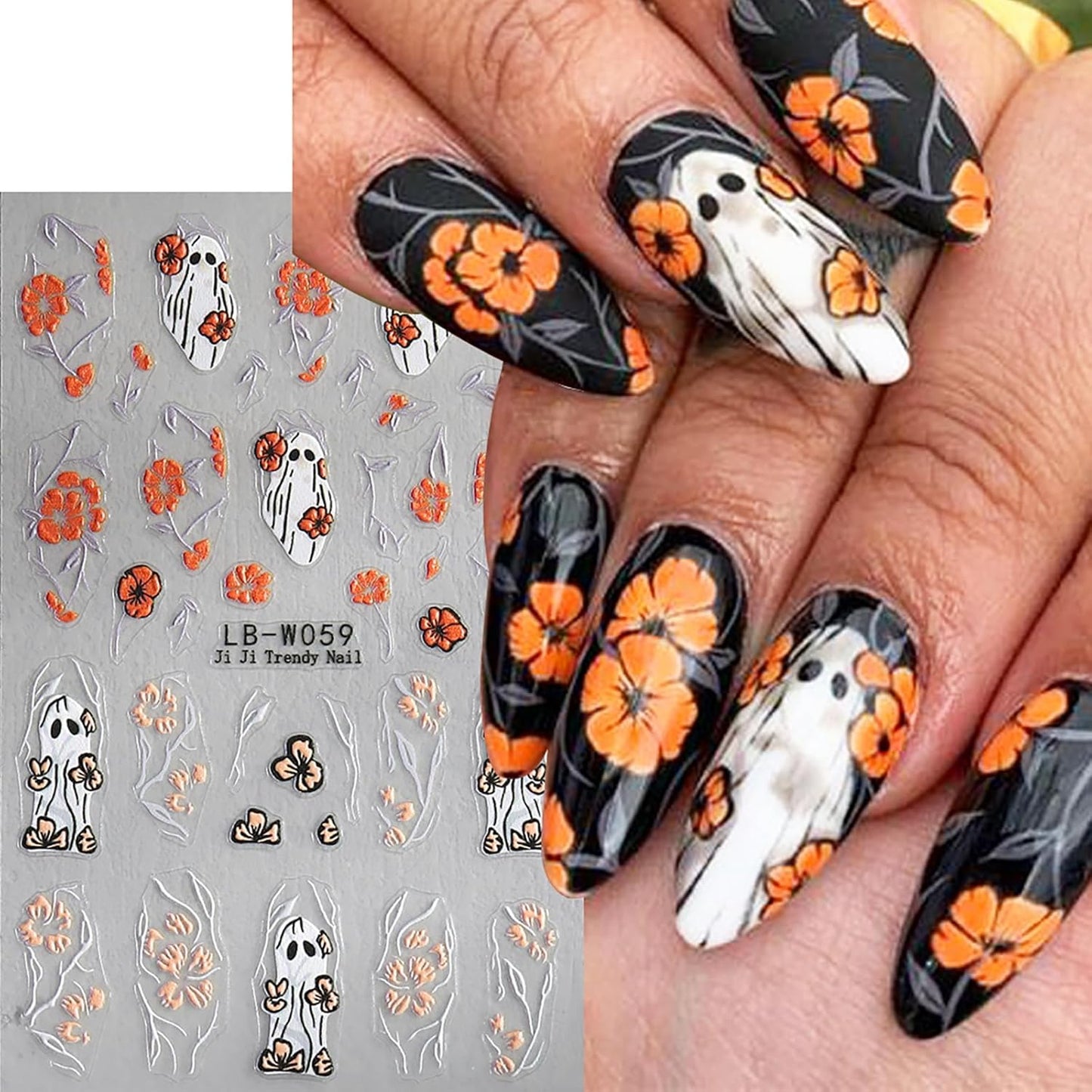 Ghost Nail Stickers 5D Embossed Halloween Nail Decals 5PCS Self-Adhesive Flower Spider Web Ghost Skull Nail Design Sticker Gothic Nail Art Supplies Accessories Cute Spooky Nail Art Stickers for Women