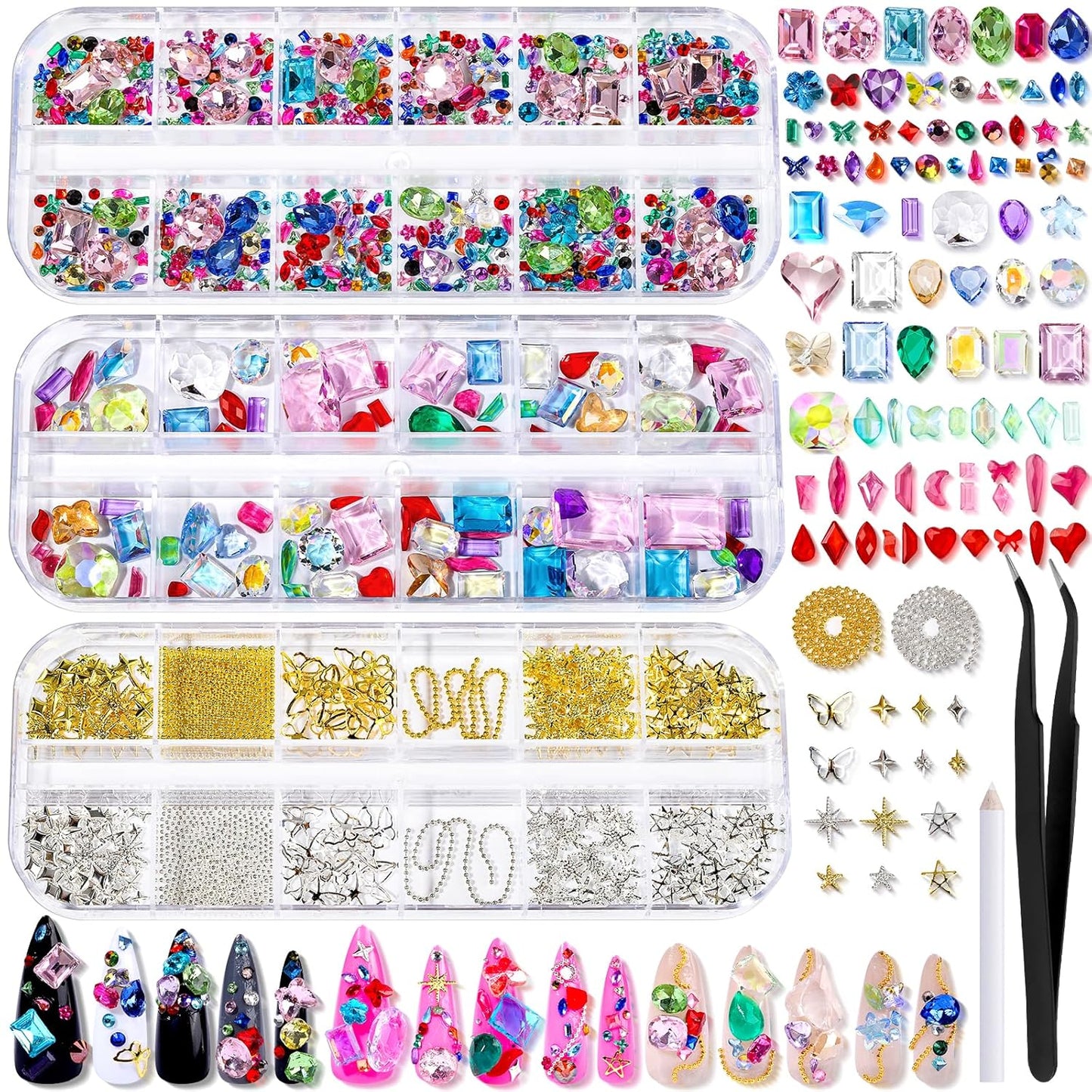 FANDAMEI Nail Gems, 3-Box Colorful Nail Rhinestones Nail Charms and Gems, 3D Rainbow Crystal Nail Diamonds Bulk, Mix-Size Flatback Gems for Nails, Gold Silver Nail Studs Beads for Nail Design