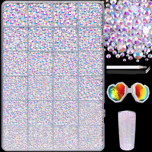 25000Pcs Resin Jelly Rhinestones with Tweezers for Crafting, 2-6mm Mixed Sizes (White AB) Non Hotfix Flatback Gems, Bedazzling Crystal for DIY Crafts Clothing Tumblers Mugs Shoes Decor Nail Art
