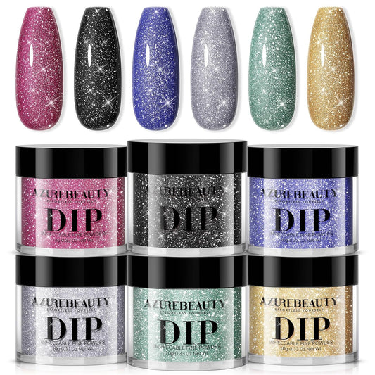 AZUREBEAUTY Sparkling Dip Powder Nail Set Micro Glitter Pink Silver Black Blue Green Gold Bright Flashlight Shine 6 Colors Dipping Powder Starter Kit Nail Art Manicure Salon, No Need Nail Lamp Cured