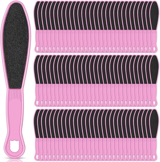 100 Pcs Pedicure Foot File Double Sided Callus Remover Sandpaper Foot Heel Rasp Tool for Dead Skin Foot Sander Foot Scraper Scrubber with Plastic Handle for Feet Spa (Pink)