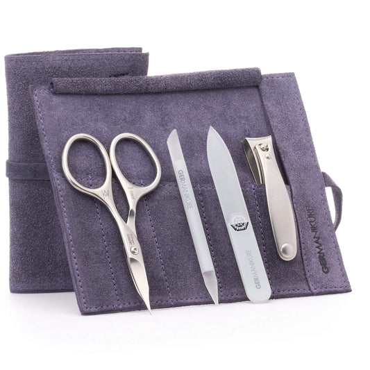 GERMANIKURE 4pc Mini Professional Manicure Set in Suede Case - FINOX Stainless Steel Tools Made in Solingen Germany, Glass Nail Care Supplies Made in Czech Republic