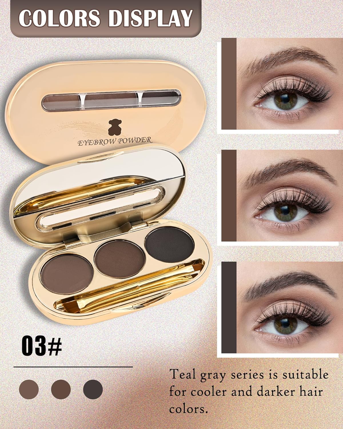 Eyebrow Powder Makeup Kit-3 Colors Eye Brow Tinting Powder Palette for Women Eyebrows Long-Lasting Waterproof, Dark Light Black Brown Brow Filler, Enhance & Define Brows, With Mirror, Brow Tool-Set 03