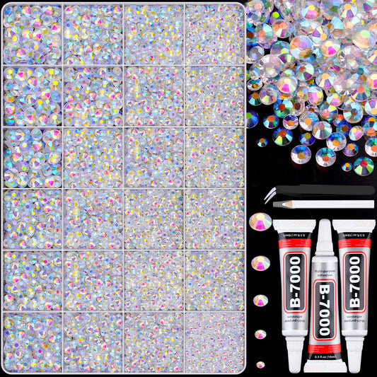 30000Pcs Resin Transparent AB Rhinestones for Bedazzling Crafting with b7000 Jewelry Glue, Bulk Flatback Gems Bedazzler Kit for Crafts Clothes Shoes Fabric Nail Diamond Art, Assorted Size 2/3/4/5/6mm