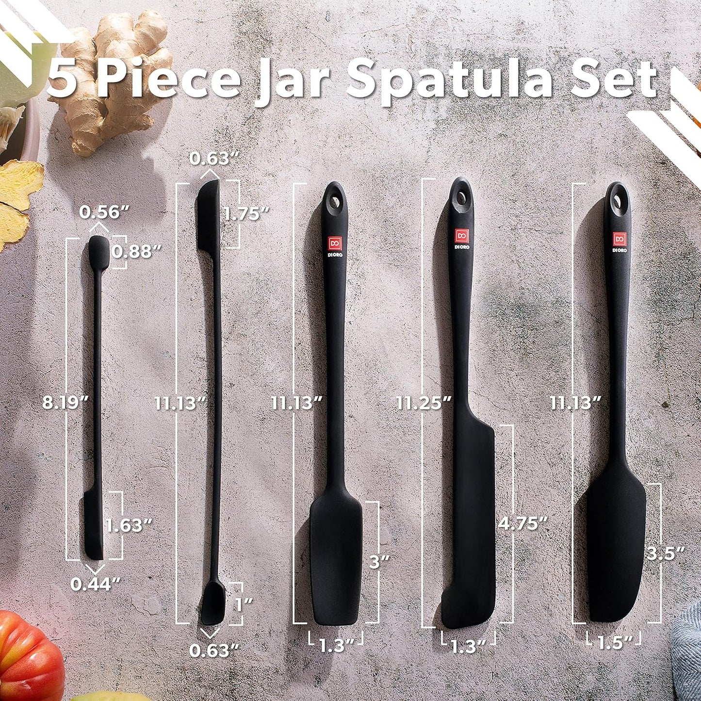 DI ORO Silicone Jar Spatulas for Scraping - Rubber Spatulas Silicone Heat Resistant - Kitchen Spatulas Nonstick Cookware Safe - Silicone Utensil Set for Blenders, Mixing, Baking, & Makeup (5pc, Black)